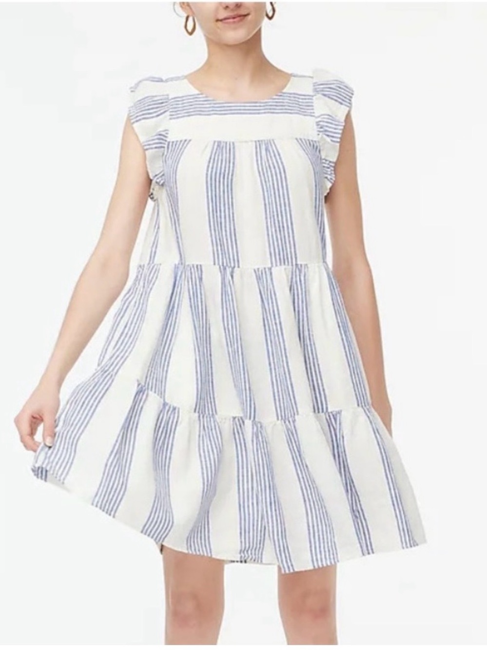 J. Crew White and Blue Striped Tiered linen blend Sundress